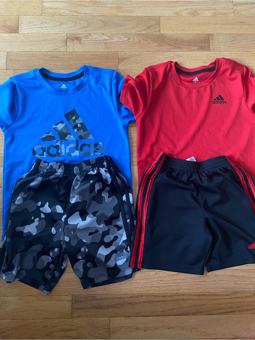 adidas Boys Two-Tone Athletic Tee & Shorts Set - Blue, Red, Black